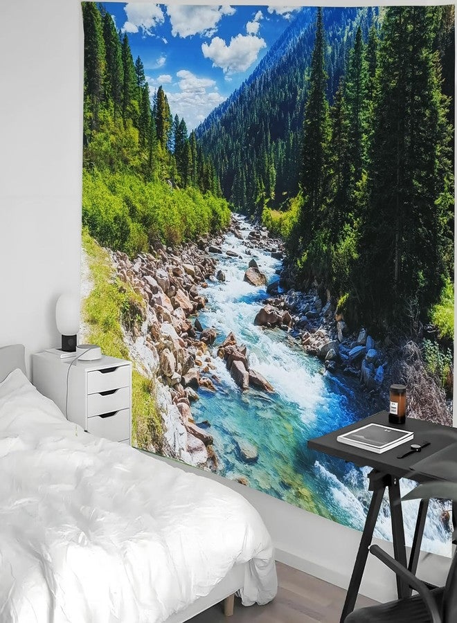 TUGCAY Nature Forest Mountain Tapestry Green Pine Tree Stream Tapestry White Clouds Flowing River Valley Landscape Scenery Tapestries Wall Hanging for Bedroom Dorm Living Room Office Classroom 60 x 40 Inch - Image 4